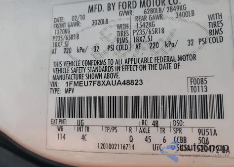2010 Ford Explorer Limited from USA, damaged, VIN 1FMEU7F8XAUA48823